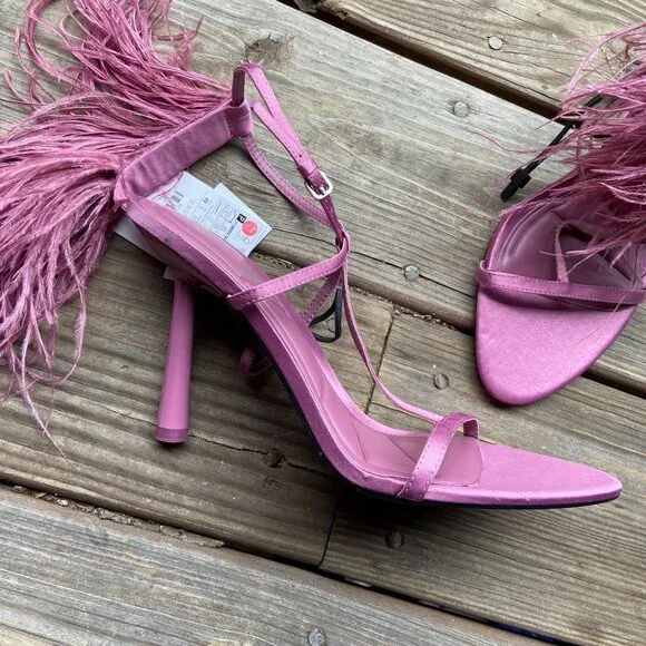 ZARA Mauve Pink Satin Feather Embellished High Stiletto Heel Strappy Sandals 40 - Picture 5 of 11
